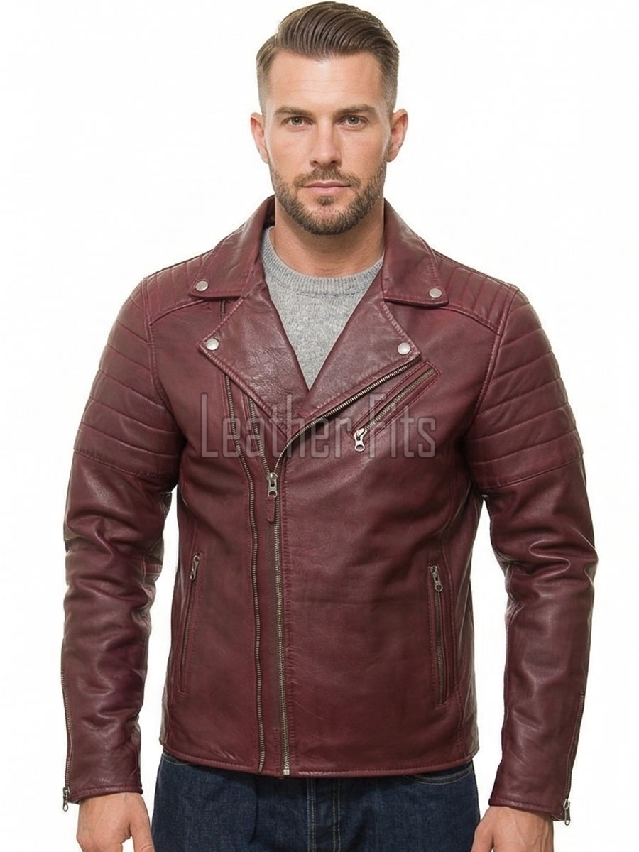 Men Burgundy Premium Genuine Leather Biker Jacket - Asymmetric Zip Quilted Shoulder Real Sheepskin Slim Fit Maroon Moto Outerwear Men