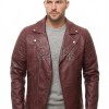 Men Burgundy Premium Genuine Leather Biker Jacket - Asymmetric Zip Quilted Shoulder Real Sheepskin Slim Fit Maroon Moto Outerwear Men