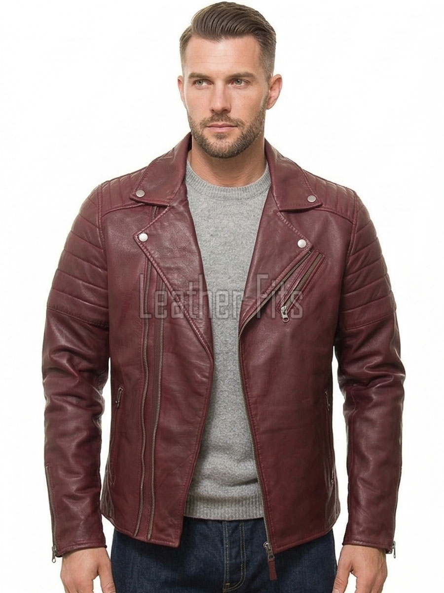 Men Burgundy Premium Genuine Leather Biker Jacket - Asymmetric Zip Quilted Shoulder Real Sheepskin Slim Fit Maroon Moto Outerwear Men