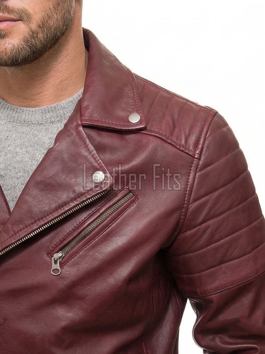 Men Burgundy Premium Genuine Leather Biker Jacket - Asymmetric Zip Quilted Shoulder Real Sheepskin Slim Fit Maroon Moto Outerwear Men