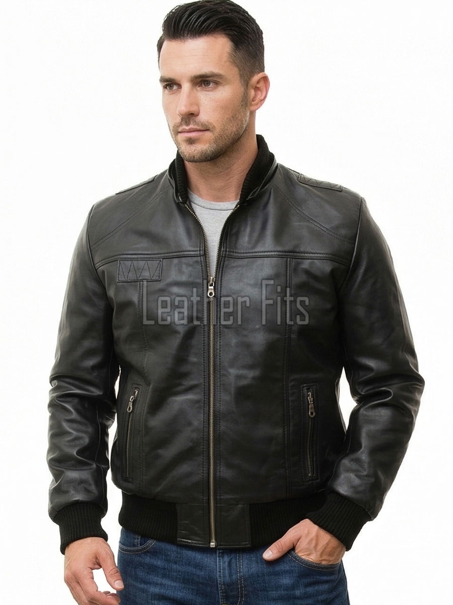 Men Black Premium Genuine Leather Jacket - Detachable Hood Slim Fit Real Sheepskin Casual Central Zip Ribbed Bomber Coat Outerwear Men