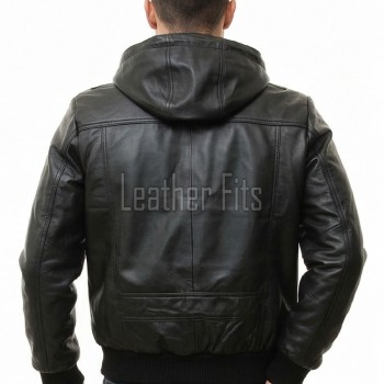 Men Black Premium Genuine Leather Jacket - Detachable Hood Slim Fit Real Sheepskin Casual Central Zip Ribbed Bomber Coat Outerwear Men