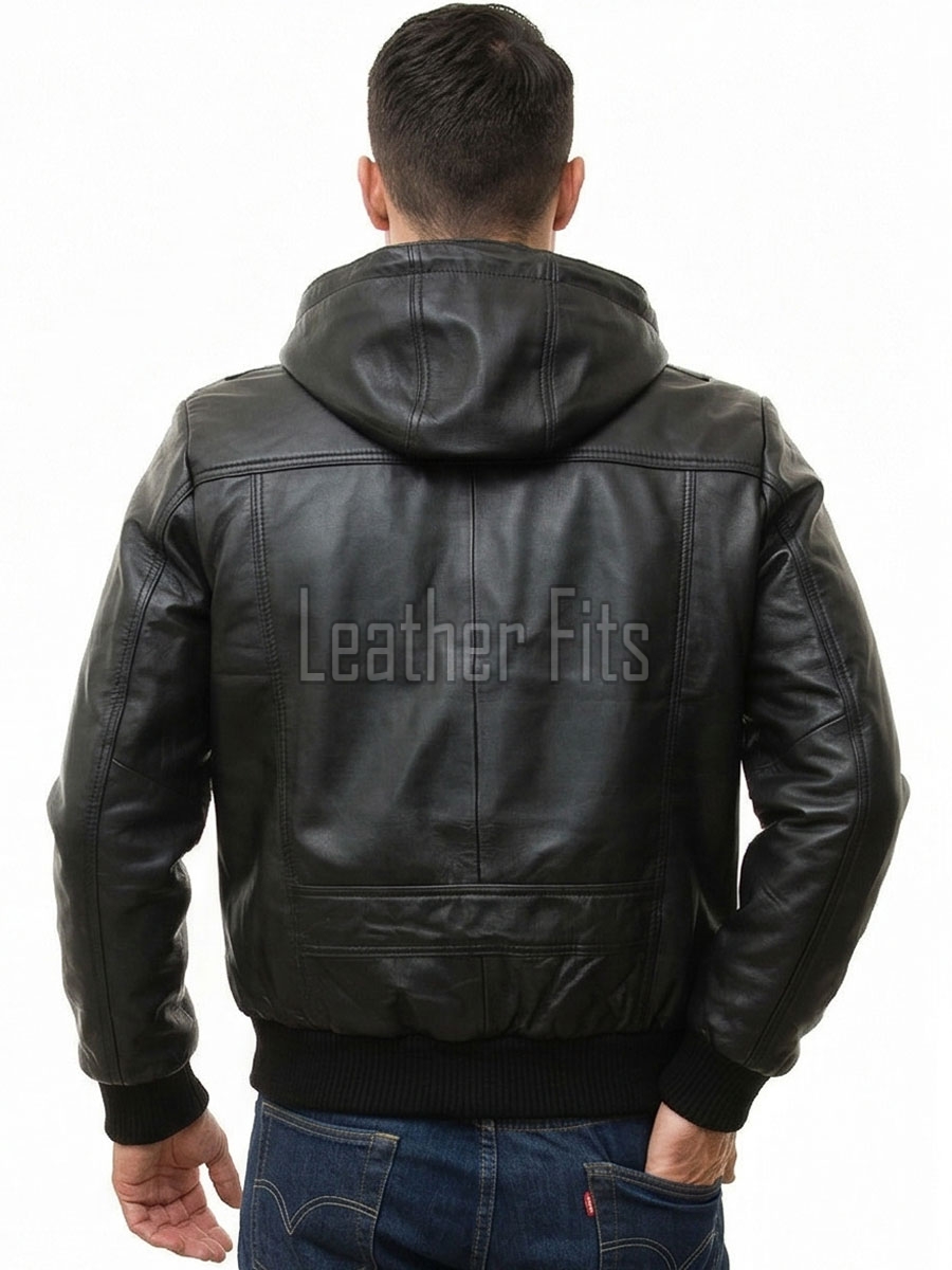 Men Black Premium Genuine Leather Jacket - Detachable Hood Slim Fit Real Sheepskin Casual Central Zip Ribbed Bomber Coat Outerwear Men