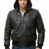 Men Black Premium Genuine Leather Jacket - Detachable Hood Slim Fit Real Sheepskin Casual Central Zip Ribbed Bomber Coat Outerwear Men
