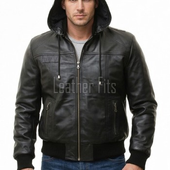 Men Black Premium Genuine Leather Jacket - Detachable Hood Slim Fit Real Sheepskin Casual Central Zip Ribbed Bomber Coat Outerwear Men
