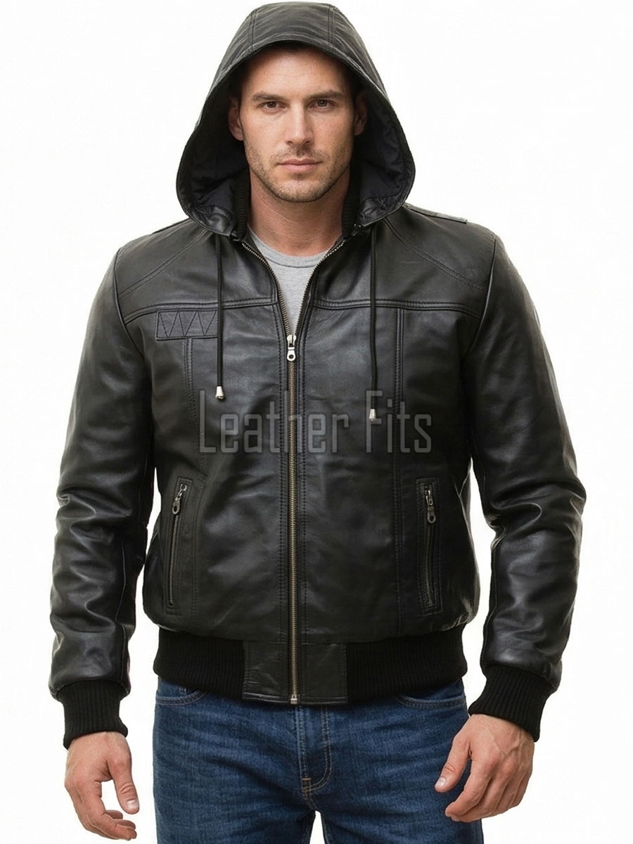 Men Black Premium Genuine Leather Jacket - Detachable Hood Slim Fit Real Sheepskin Casual Central Zip Ribbed Bomber Coat Outerwear Men