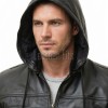 Men Black Premium Genuine Leather Jacket - Detachable Hood Slim Fit Real Sheepskin Casual Central Zip Ribbed Bomber Coat Outerwear Men