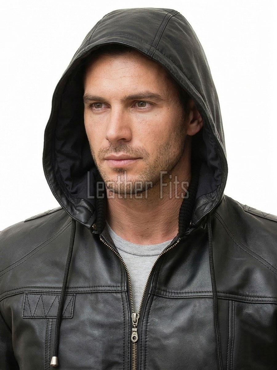 Men Black Premium Genuine Leather Jacket - Detachable Hood Slim Fit Real Sheepskin Casual Central Zip Ribbed Bomber Coat Outerwear Men