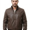 Men Brown Premium Genuine Leather Jacket - Detachable Hood Slim Fit Real Sheepskin Casual Central Zip Ribbed Bomber Coat Outerwear Men