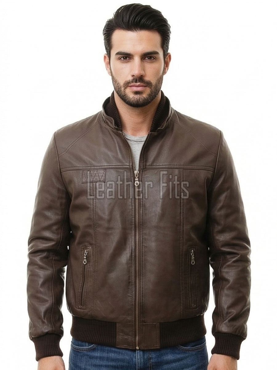 Men Brown Premium Genuine Leather Jacket - Detachable Hood Slim Fit Real Sheepskin Casual Central Zip Ribbed Bomber Coat Outerwear Men