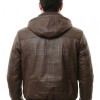 Men Brown Premium Genuine Leather Jacket - Detachable Hood Slim Fit Real Sheepskin Casual Central Zip Ribbed Bomber Coat Outerwear Men
