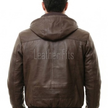 Men Brown Premium Genuine Leather Jacket - Detachable Hood Slim Fit Real Sheepskin Casual Central Zip Ribbed Bomber Coat Outerwear Men