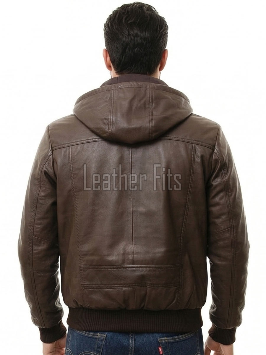 Men Brown Premium Genuine Leather Jacket - Detachable Hood Slim Fit Real Sheepskin Casual Central Zip Ribbed Bomber Coat Outerwear Men