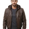 Men Brown Premium Genuine Leather Jacket - Detachable Hood Slim Fit Real Sheepskin Casual Central Zip Ribbed Bomber Coat Outerwear Men