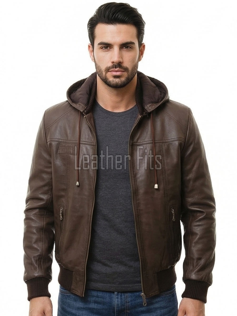 Men Brown Premium Genuine Leather Jacket - Detachable Hood Slim Fit Real Sheepskin Casual Central Zip Ribbed Bomber Coat Outerwear Men