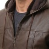 Men Brown Premium Genuine Leather Jacket - Detachable Hood Slim Fit Real Sheepskin Casual Central Zip Ribbed Bomber Coat Outerwear Men