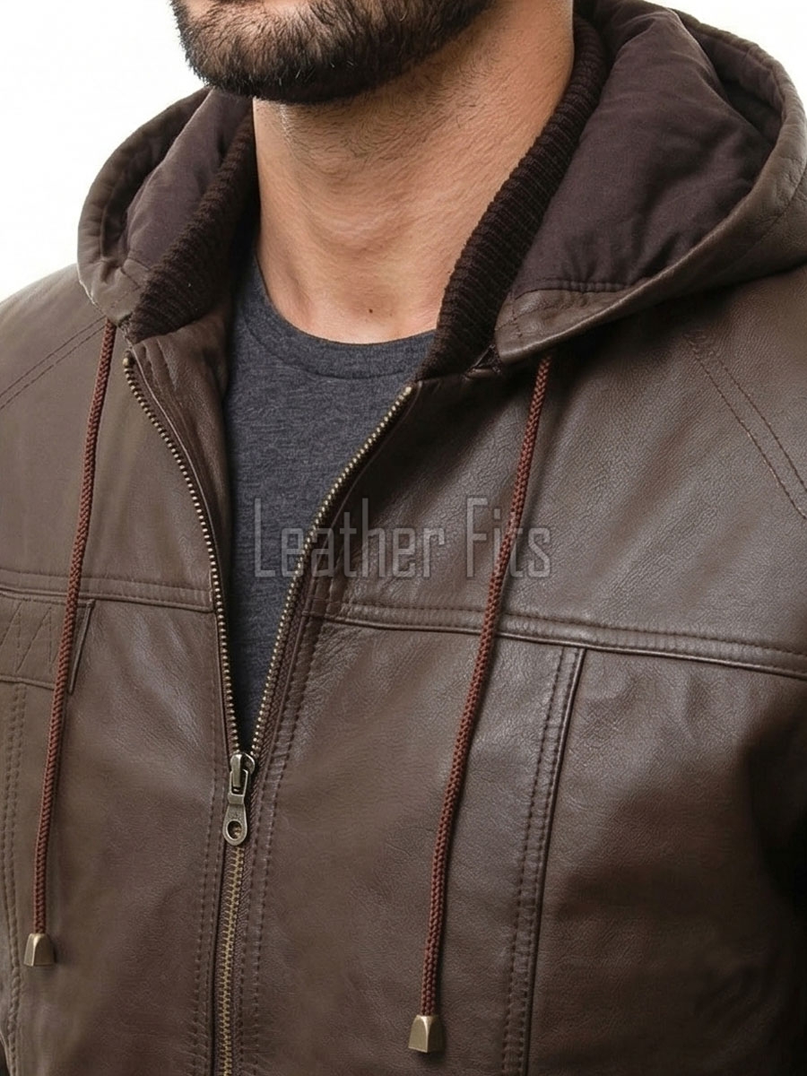 Men Brown Premium Genuine Leather Jacket - Detachable Hood Slim Fit Real Sheepskin Casual Central Zip Ribbed Bomber Coat Outerwear Men