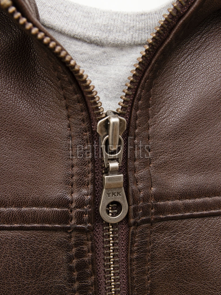 Men Brown Premium Genuine Leather Jacket - Detachable Hood Slim Fit Real Sheepskin Casual Central Zip Ribbed Bomber Coat Outerwear Men