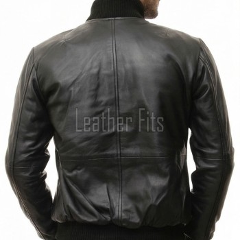 Men Black Premium Genuine Leather Bomber Jacket - Dual Zip Snap Button Flap High Rib Funnel Neck Real Sheepskin Slim Fit Moto Coat Men
