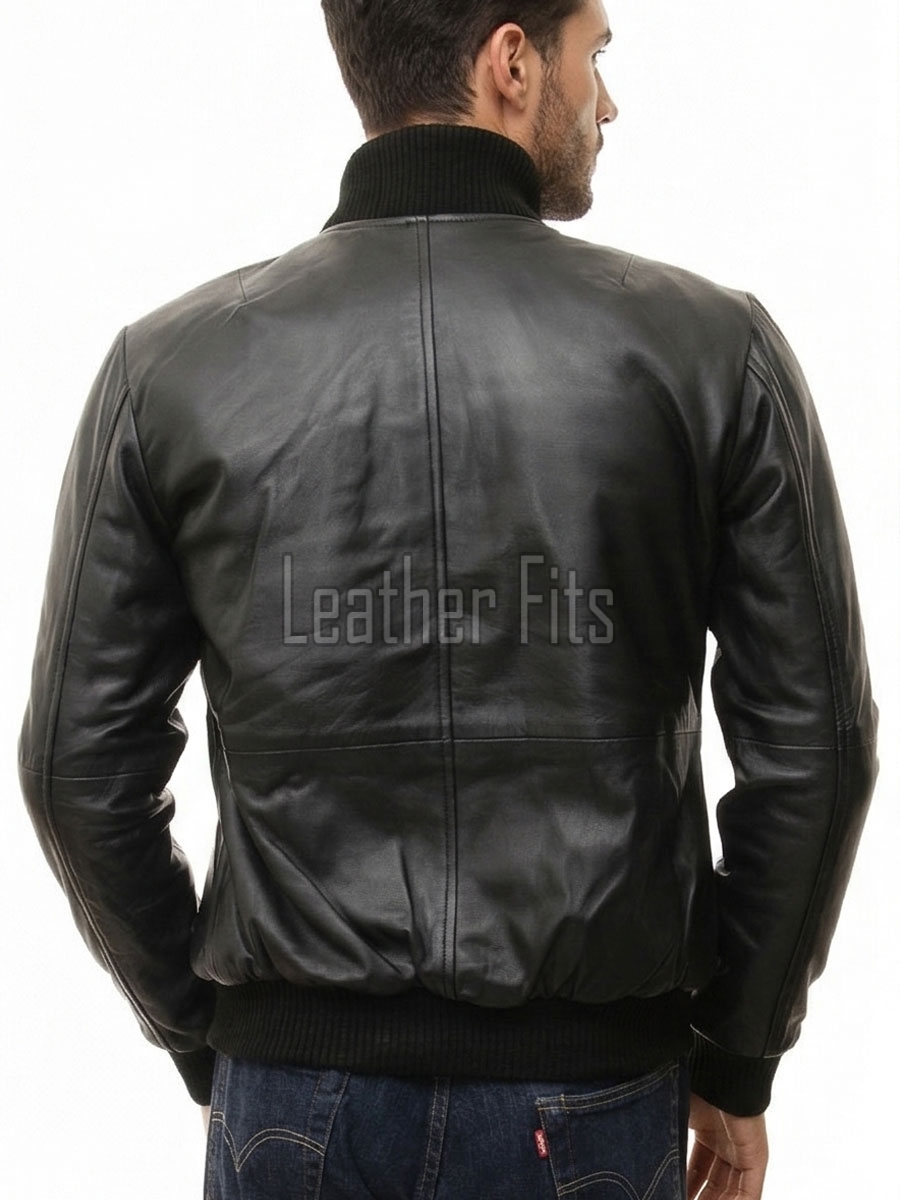 Men Black Premium Genuine Leather Bomber Jacket - Dual Zip Snap Button Flap High Rib Funnel Neck Real Sheepskin Slim Fit Moto Coat Men