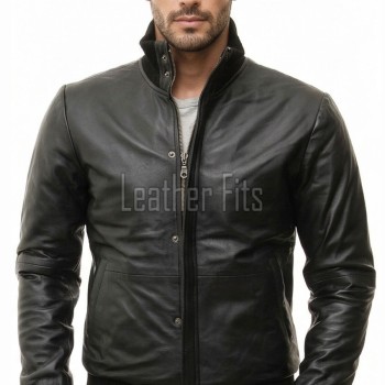 Men Black Premium Genuine Leather Bomber Jacket - Dual Zip Snap Button Flap High Rib Funnel Neck Real Sheepskin Slim Fit Moto Coat Men
