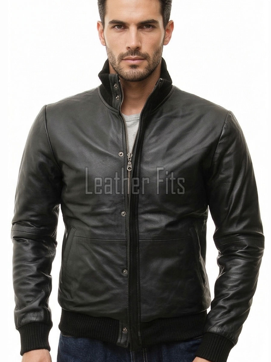 Men Black Premium Genuine Leather Bomber Jacket - Dual Zip Snap Button Flap High Rib Funnel Neck Real Sheepskin Slim Fit Moto Coat Men