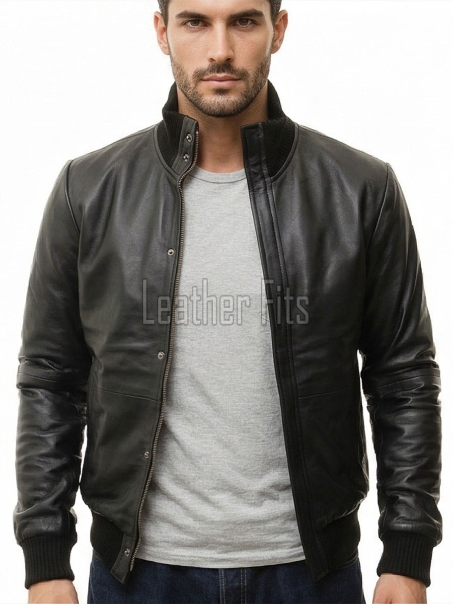 Men Black Premium Genuine Leather Bomber Jacket - Dual Zip Snap Button Flap High Rib Funnel Neck Real Sheepskin Slim Fit Moto Coat Men