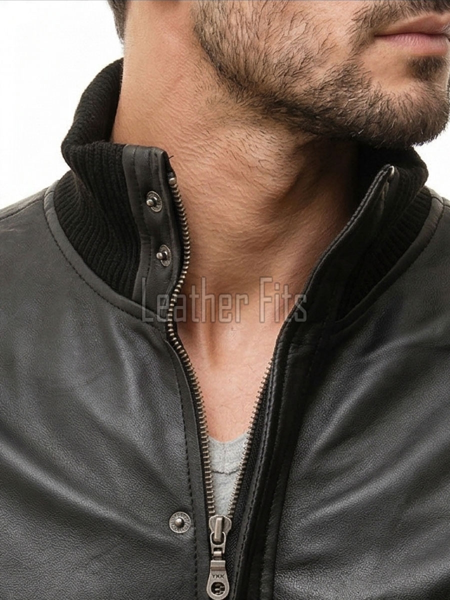 Men Black Premium Genuine Leather Bomber Jacket - Dual Zip Snap Button Flap High Rib Funnel Neck Real Sheepskin Slim Fit Moto Coat Men