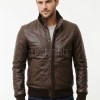 Men Brown Premium Genuine Leather Bomber Jacket - Dual Zip Snap Button Flap High Rib Funnel Neck Real Sheepskin Slim Fit Moto Coat Men