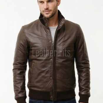 Men Brown Premium Genuine Leather Bomber Jacket - Dual Zip Snap Button Flap High Rib Funnel Neck Real Sheepskin Slim Fit Moto Coat Men