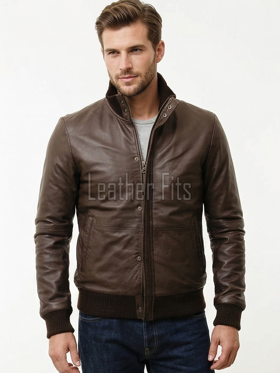Men Brown Premium Genuine Leather Bomber Jacket - Dual Zip Snap Button Flap High Rib Funnel Neck Real Sheepskin Slim Fit Moto Coat Men
