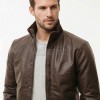 Men Brown Premium Genuine Leather Bomber Jacket - Dual Zip Snap Button Flap High Rib Funnel Neck Real Sheepskin Slim Fit Moto Coat Men