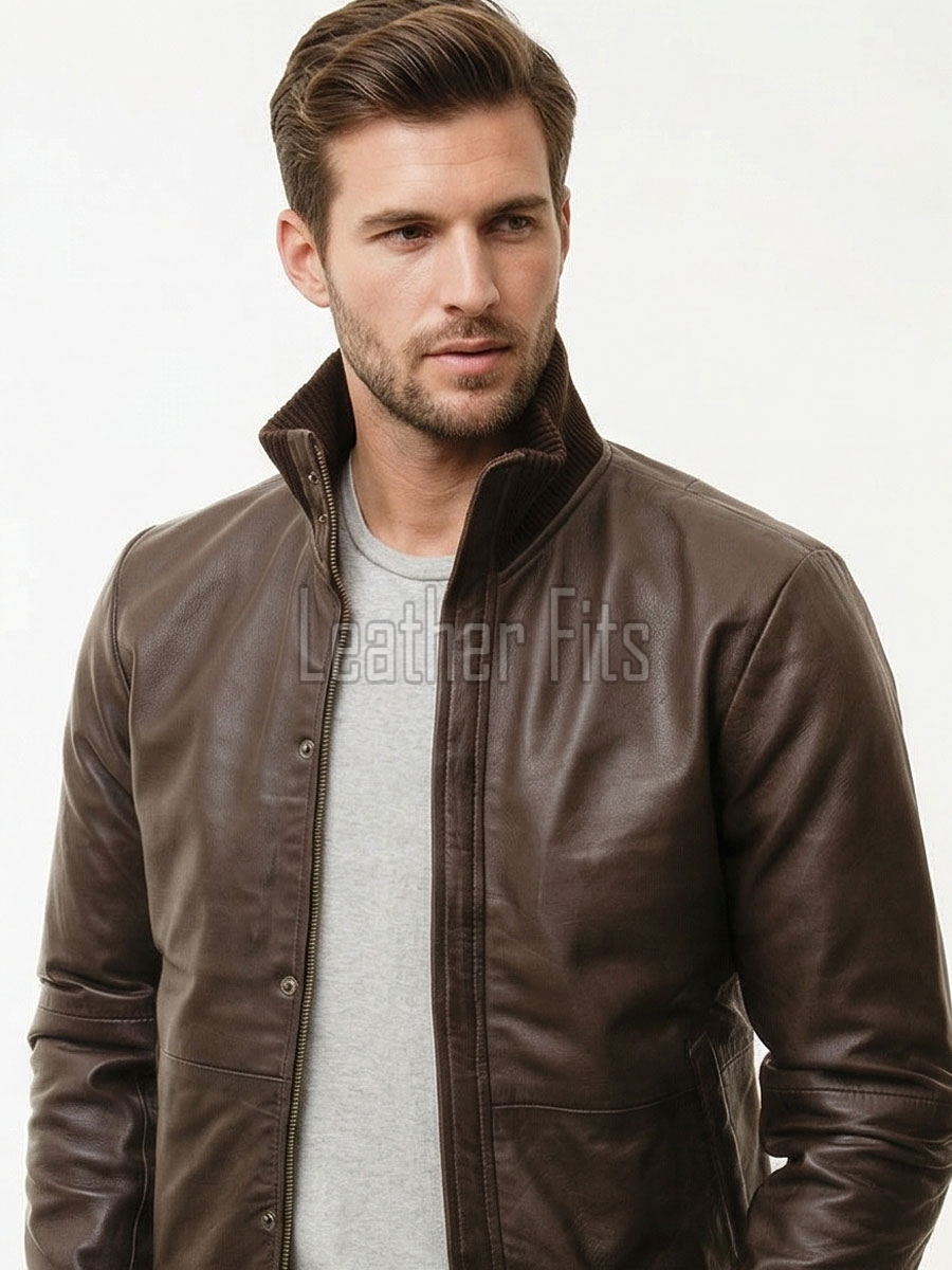 Men Brown Premium Genuine Leather Bomber Jacket - Dual Zip Snap Button Flap High Rib Funnel Neck Real Sheepskin Slim Fit Moto Coat Men