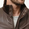 Men Brown Premium Genuine Leather Bomber Jacket - Dual Zip Snap Button Flap High Rib Funnel Neck Real Sheepskin Slim Fit Moto Coat Men