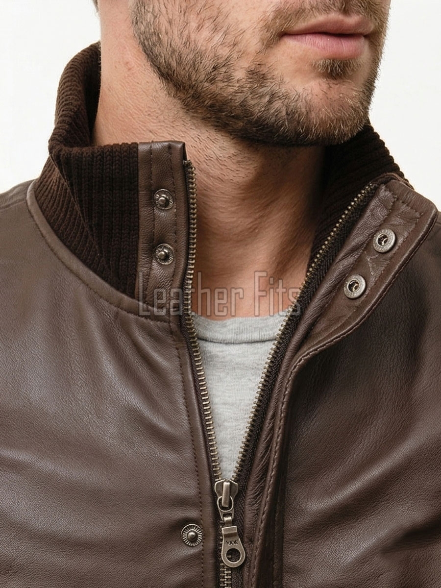 Men Brown Premium Genuine Leather Bomber Jacket - Dual Zip Snap Button Flap High Rib Funnel Neck Real Sheepskin Slim Fit Moto Coat Men
