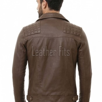 Men Brown Premium Genuine Leather Biker Jacket - Asymmetrical Cross Zip Quilted Shoulder Real Sheepskin Slim Fit Cafe Racer Moto Coat Men