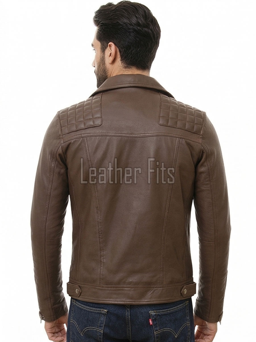Men Brown Premium Genuine Leather Biker Jacket - Asymmetrical Cross Zip Quilted Shoulder Real Sheepskin Slim Fit Cafe Racer Moto Coat Men