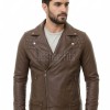 Men Brown Premium Genuine Leather Biker Jacket - Asymmetrical Cross Zip Quilted Shoulder Real Sheepskin Slim Fit Cafe Racer Moto Coat Men