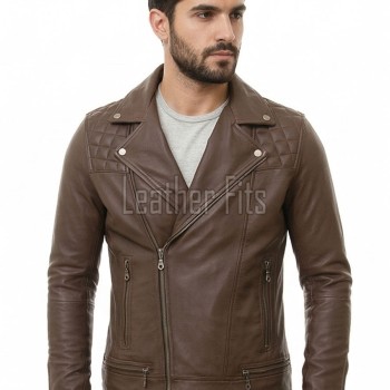 Men Brown Premium Genuine Leather Biker Jacket - Asymmetrical Cross Zip Quilted Shoulder Real Sheepskin Slim Fit Cafe Racer Moto Coat Men