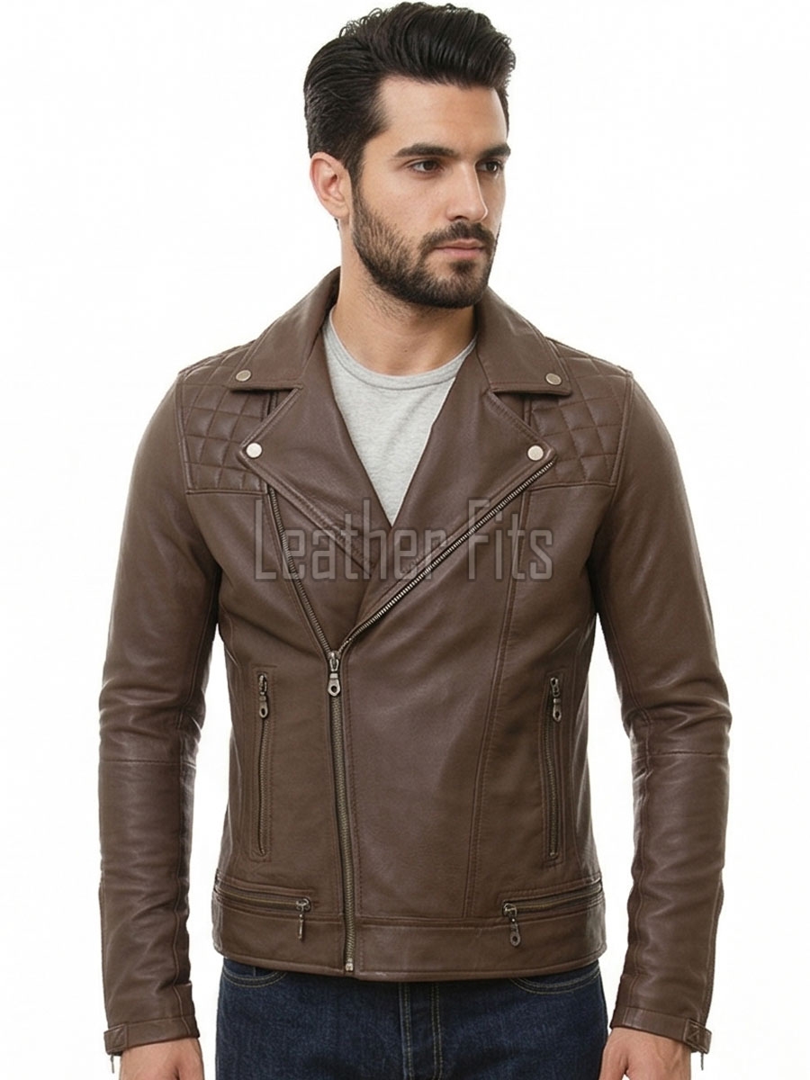 Men Brown Premium Genuine Leather Biker Jacket - Asymmetrical Cross Zip Quilted Shoulder Real Sheepskin Slim Fit Cafe Racer Moto Coat Men