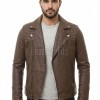 Men Brown Premium Genuine Leather Biker Jacket - Asymmetrical Cross Zip Quilted Shoulder Real Sheepskin Slim Fit Cafe Racer Moto Coat Men