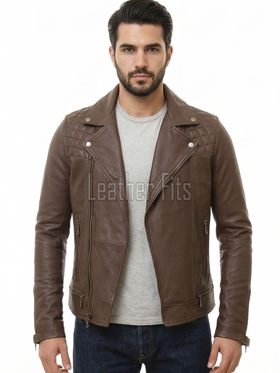 Men Brown Premium Genuine Leather Biker Jacket - Asymmetrical Cross Zip Quilted Shoulder Real Sheepskin Slim Fit Cafe Racer Moto Coat Men