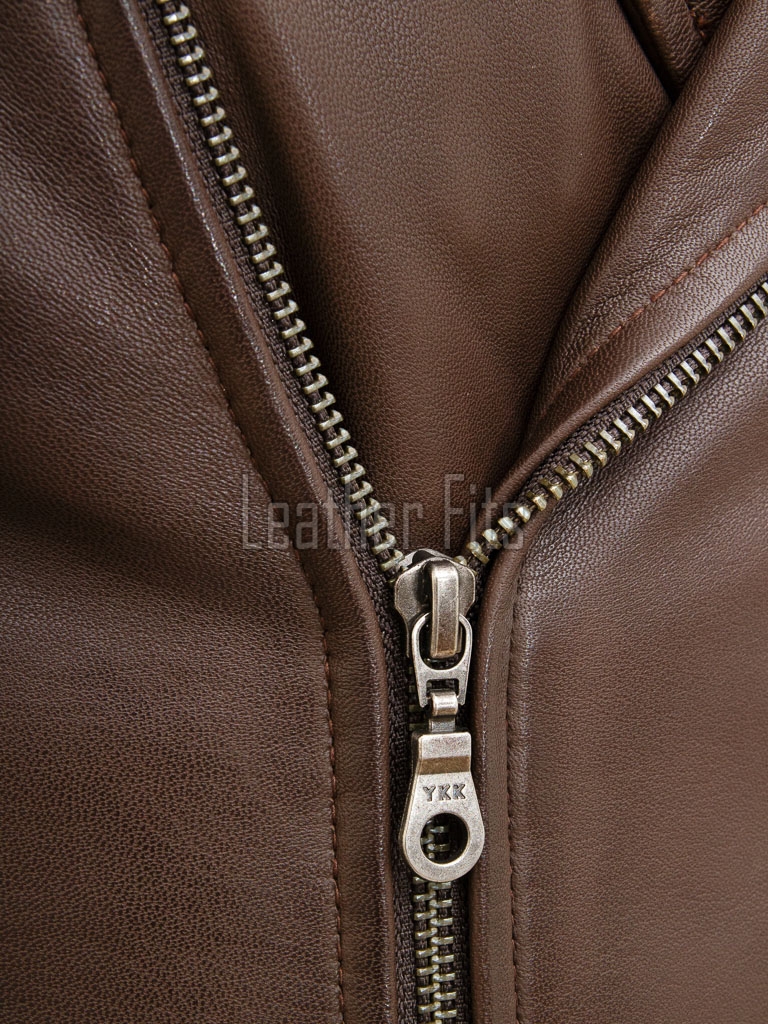 Men Brown Premium Genuine Leather Biker Jacket - Asymmetrical Cross Zip Quilted Shoulder Real Sheepskin Slim Fit Cafe Racer Moto Coat Men