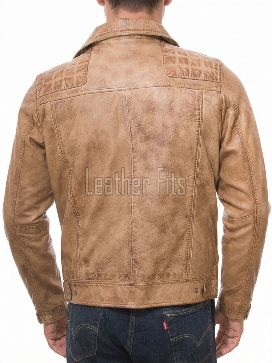 Men Tan Premium Genuine Vintage Leather Quilted Asymmetrical Biker Jacket
