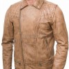 Men Tan Premium Genuine Vintage Leather Quilted Asymmetrical Biker Jacket