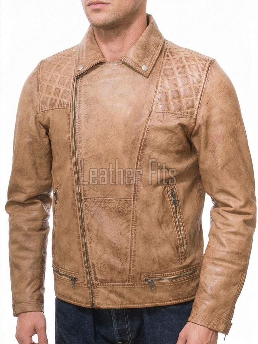 Men Tan Premium Genuine Vintage Leather Quilted Asymmetrical Biker Jacket