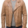 Men Tan Premium Genuine Vintage Leather Quilted Asymmetrical Biker Jacket