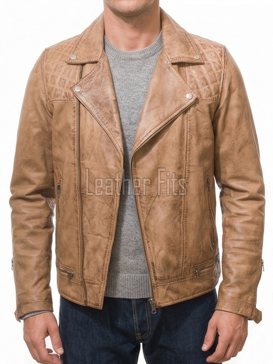 Men Tan Premium Genuine Vintage Leather Quilted Asymmetrical Biker Jacket