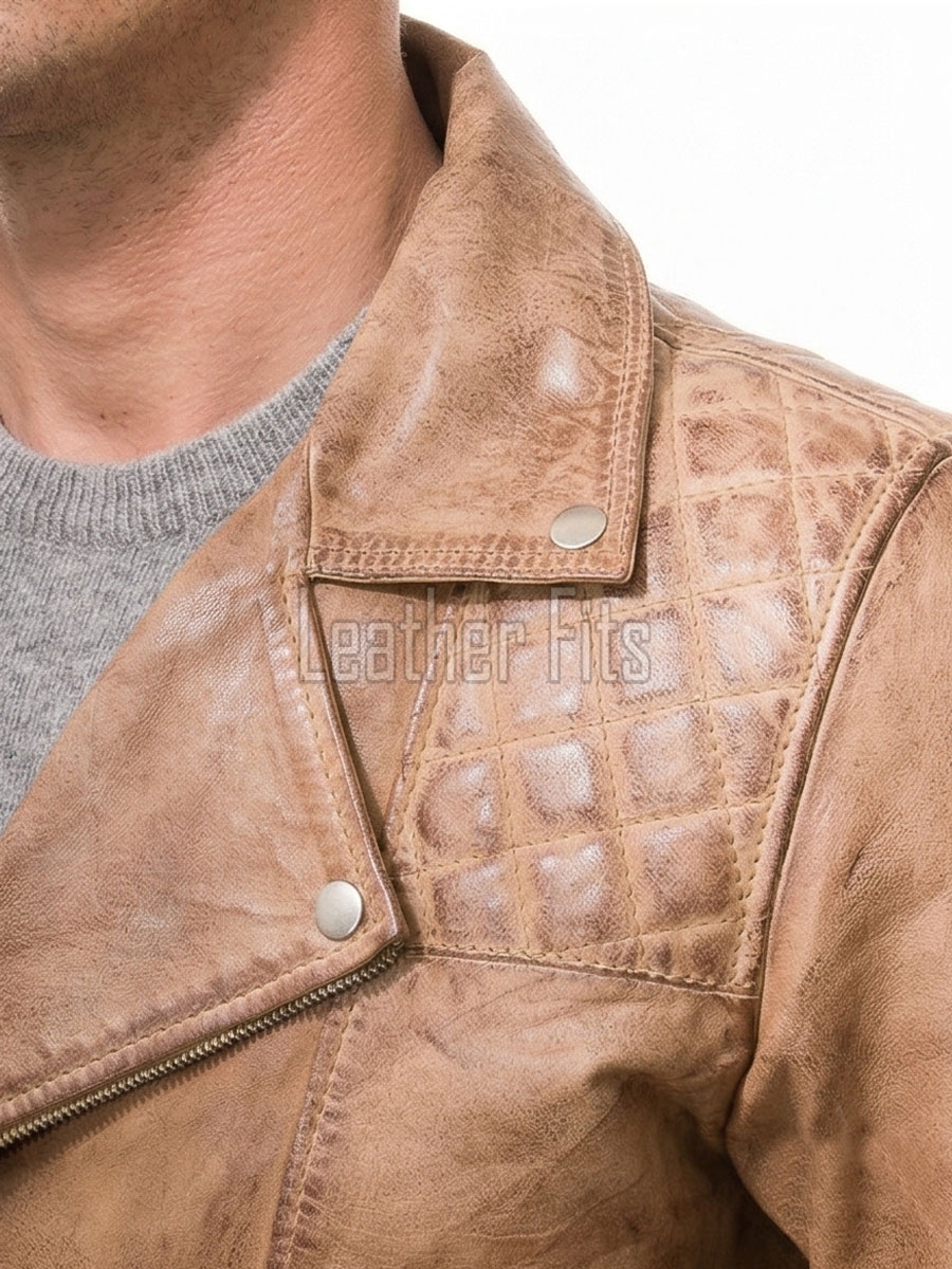 Men Tan Premium Genuine Vintage Leather Quilted Asymmetrical Biker Jacket