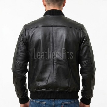 Men Black Premium Genuine Leather Bomber Jacket - Classic Rib Knit Baseball Collar Real Sheepskin Slim Fit Casual Smart Sleek Coat Men